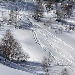 Image showing Off-piste slope with track from ski and snowboard in sun day