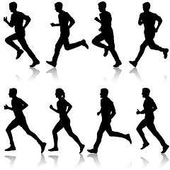 Image showing Set of silhouettes. Runners on sprint, men and woman