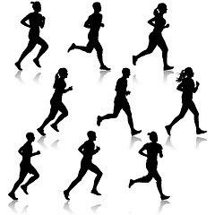 Image showing Set of silhouettes. Runners on sprint, men and woman