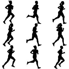 Image showing Set of silhouettes. Runners on sprint, men and woman