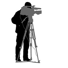 Image showing Cameraman with video camera. Silhouettes on white background