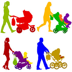 Image showing Set black silhouettes Family with pram on white background. illustration