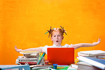 Image showing The Redhead teen girl with lot of books at home. Studio shot