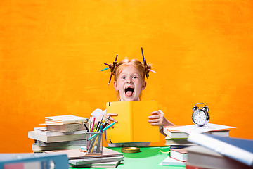 Image showing The Redhead teen girl with lot of books at home. Studio shot