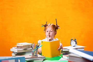 Image showing The Redhead teen girl with lot of books at home. Studio shot