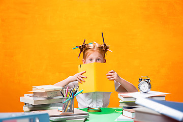 Image showing The Redhead teen girl with lot of books at home. Studio shot