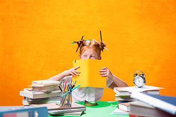 Image showing The Redhead teen girl with lot of books at home. Studio shot