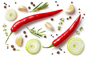 Image showing fresh vegetables and spices on white background