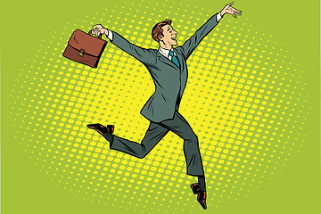 Image showing Elegant funny businessman with briefcase running on tipt