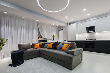 Image showing Modern white kitchen and living room