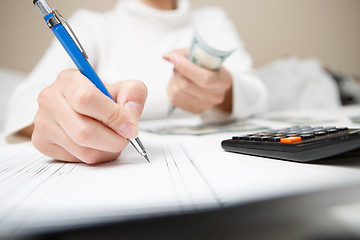 Image showing Entrepreneur calculating and reviewing investment plan