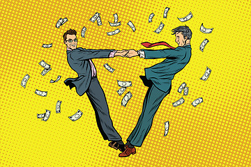 Image showing Two businessmen happily dancing in a whirlwind of money