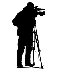 Image showing Cameraman with video camera. Silhouettes on white background