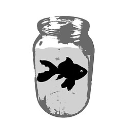 Image showing Black silhouette of aquarium fish in a jar with water on white background