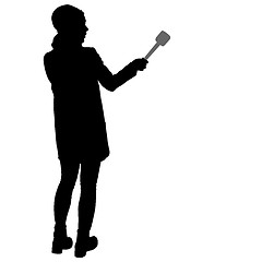 Image showing Sound technician with microphone in hand. Silhouettes on white background