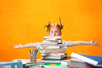 Image showing The Redhead teen girl with lot of books at home. Studio shot