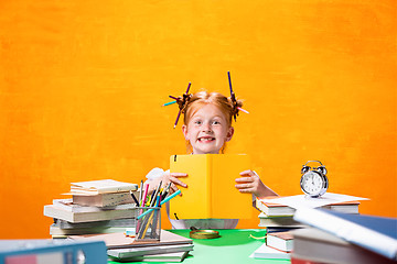 Image showing The Redhead teen girl with lot of books at home. Studio shot