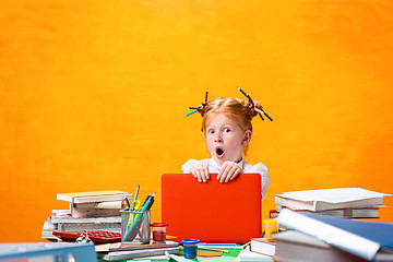 Image showing The Redhead teen girl with lot of books at home. Studio shot