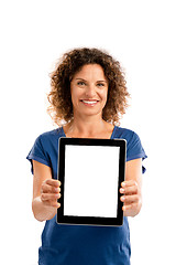 Image showing Happy woman holding tablet