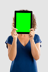 Image showing Happy woman holding tablet