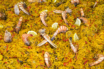 Image showing Seafood paella sold at street market stand