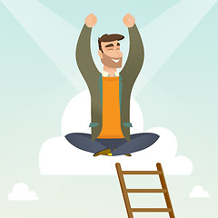 Image showing Happy businessman sitting on the cloud.