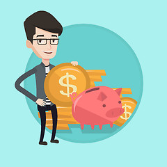 Image showing Man putting coin in piggy bank vector illustration