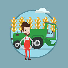 Image showing Farmer standing with combine on background.