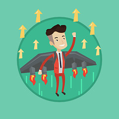 Image showing Happy businessman flying on the rocket to success.