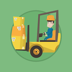 Image showing Warehouse worker moving load by forklift truck.