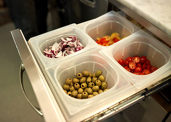 Image showing containers with food at restaurant kitchen
