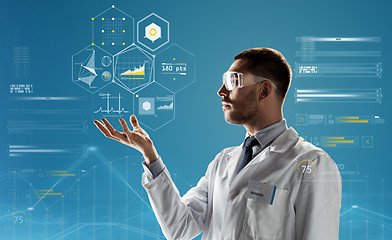 Image showing doctor or scientist in lab coat and safety glasses