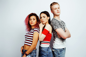 Image showing company of hipster guys, blonde boy and girls students having fun together friends, diverse fashion style and races, lifestyle people concept isolated on white background closeup