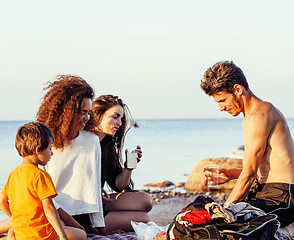 Image showing pretty diverse nation and age friends on sea coast having fun, lifestyle people concept on beach vacations close up