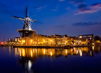 Image showing Harlem landmark  windmill De Adriaan on Spaarne river. Harlem,  