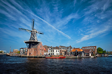 Image showing Harlem landmark  windmill De Adriaan on Spaarne river. Harlem,  