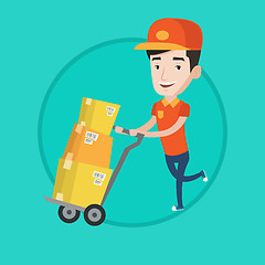 Image showing Delivery postman with cardboard boxes on trolley.