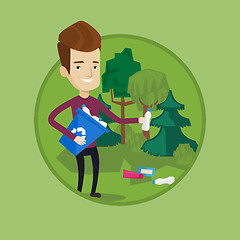 Image showing Man collecting garbage in forest.