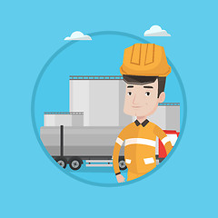 Image showing Worker on background of fuel truck and oil plant.