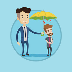 Image showing Insurance agent holding umbrella over young man.