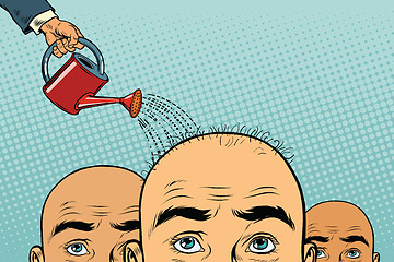 Image showing Remedy for hair growth. bald man poured from a watering can