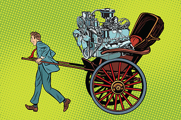 Image showing Manual labor vs mechanical, rickshaw carries motor