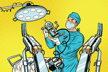 Image showing birth newborn robot, an obstetrician in the operating room