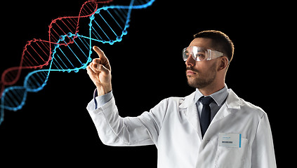 Image showing scientist in goggles with dna molecule