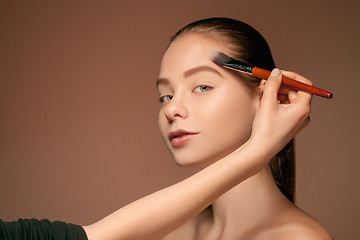 Image showing Beautiful female eyes with make-up and brush