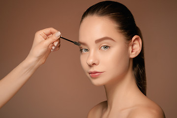 Image showing Beautiful female eyes with make-up and brush