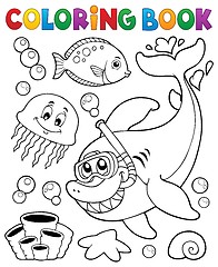 Image showing Coloring book with shark snorkel diver