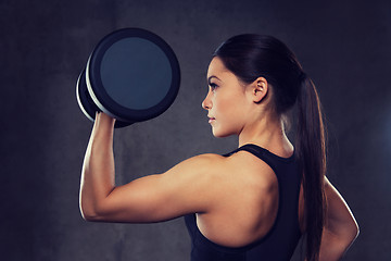 Image showing young woman flexing muscles with dumbbells in gym