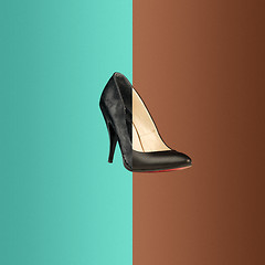 Image showing The collage from old and new black shoe for woman