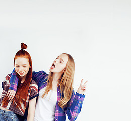 Image showing best friends teenage girls together having fun, posing emotional on white background, besties happy smiling, lifestyle people concept 